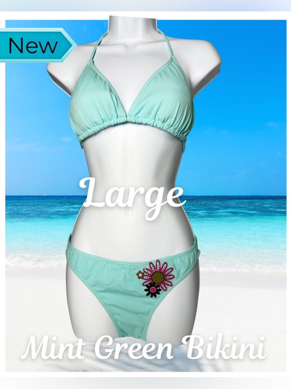 Mint Green Bikini Set Floral Detail Halter Tie Back Size L NEW